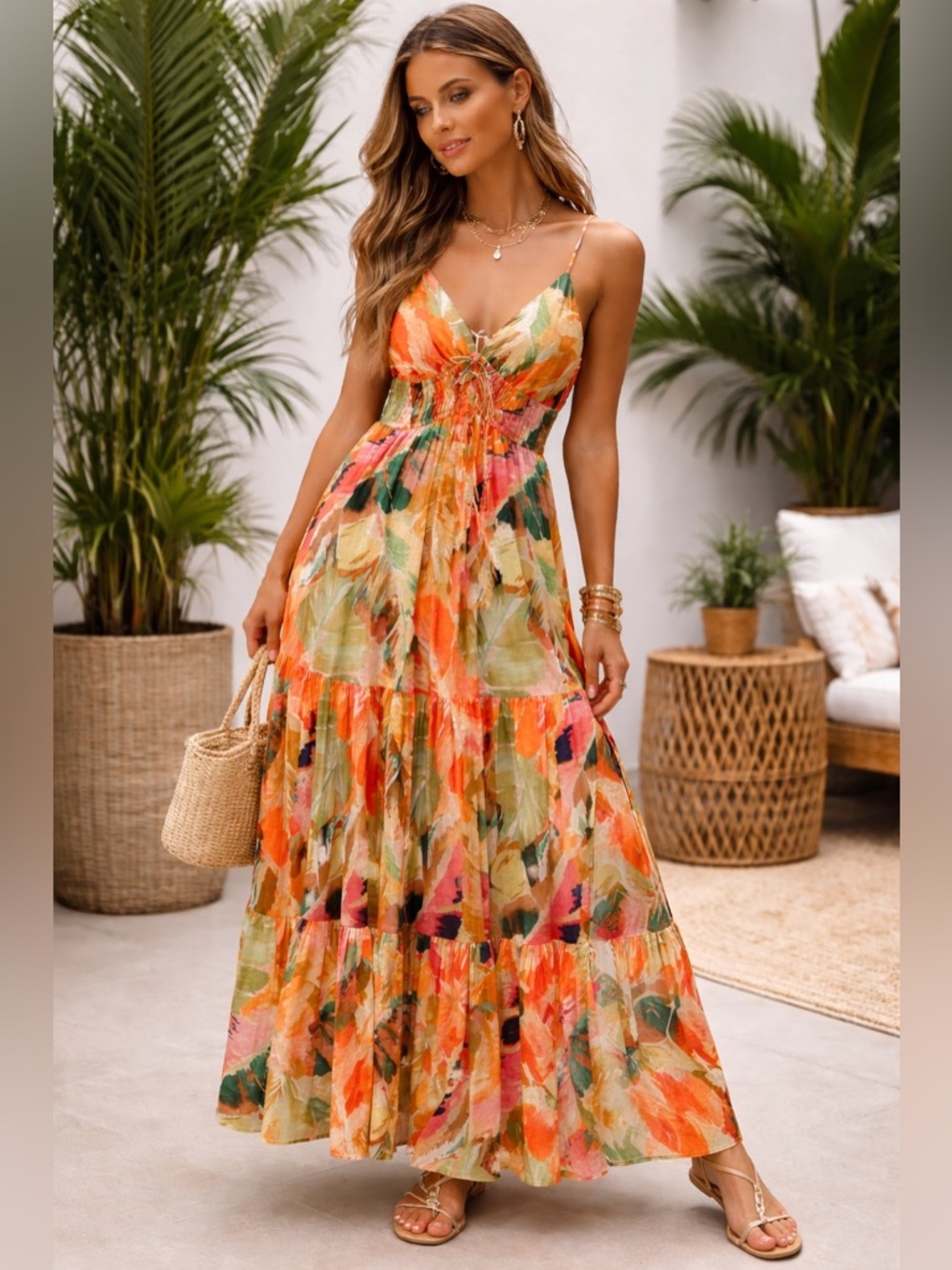 Hutch soft hothouse tropical lawn Maxi Dress in Orange Floral MULT size S NWT